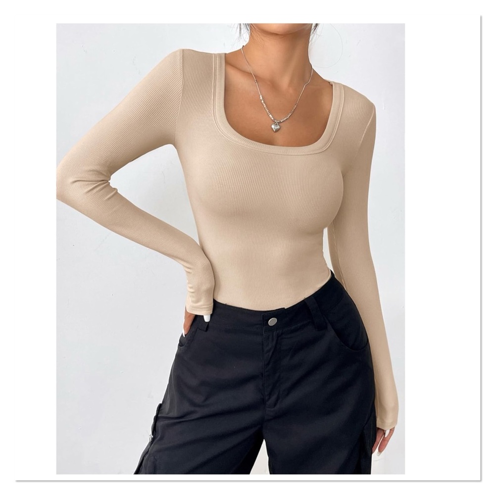 ZEAGOO Beige Ribbed Knit Long Sleeve Fitted Top
